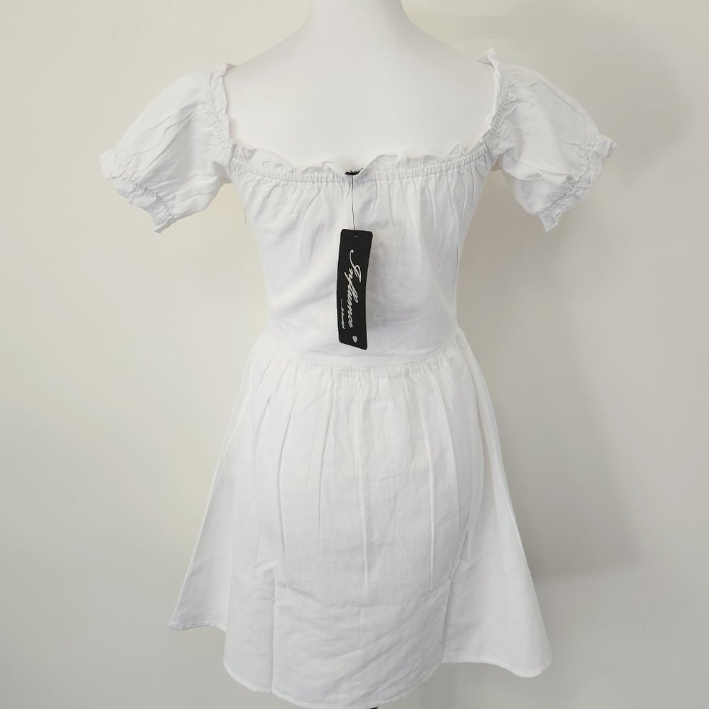 White Puff Sleeve Lace Up Milkmaid Puff Sleeve Sweetheart Skater Dress Cotton - Picture 11 of 15